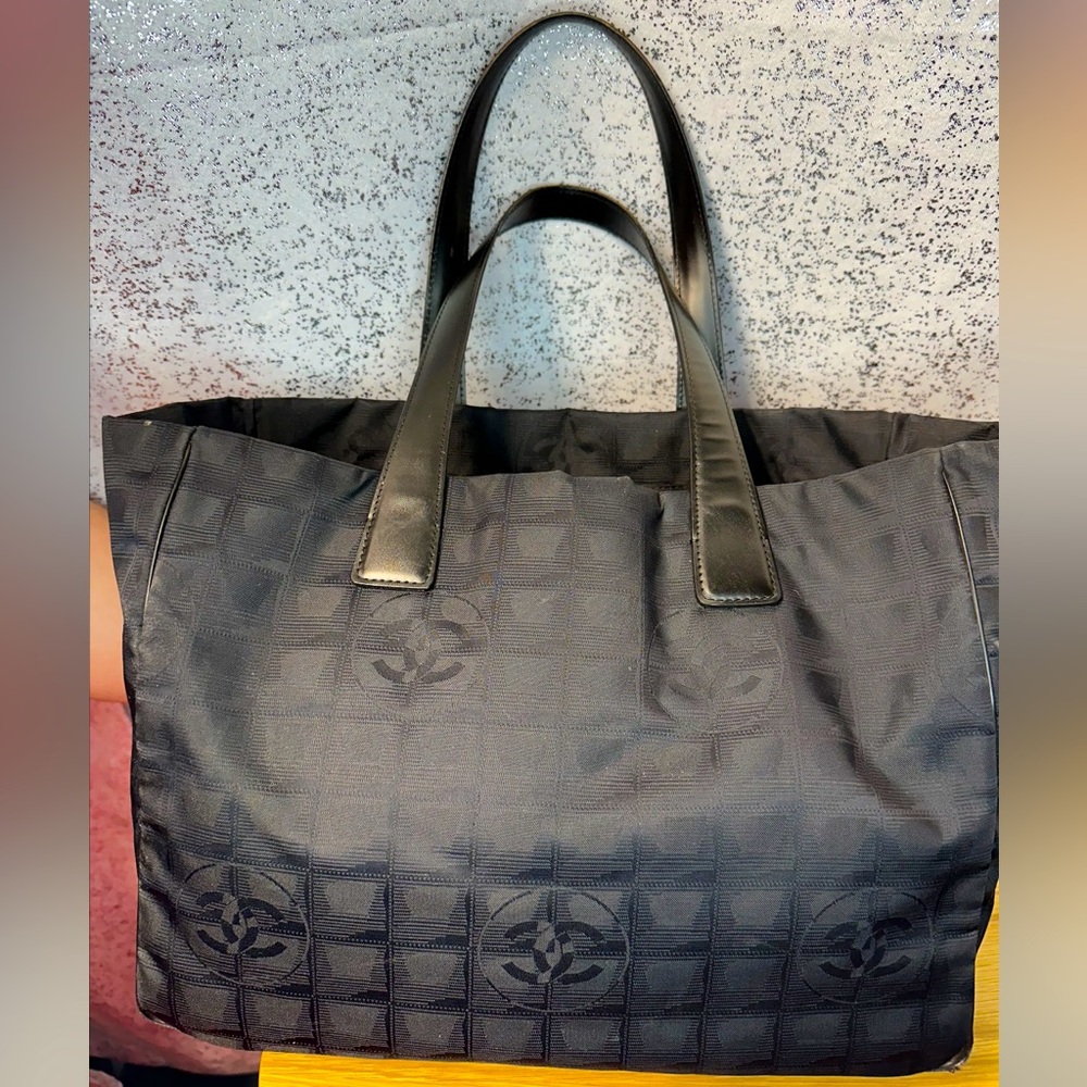Auth CHANEL Travel Line Tote with CC Canvas in Black - Picture 1 of 6